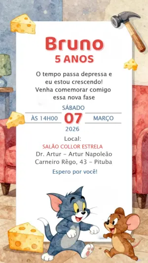 Convite Digital Tom e Jerry para Aniversário Infantil Editável