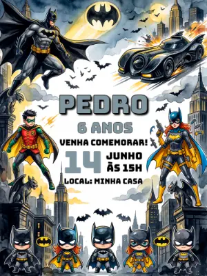 Convite de Aniversário Batman Ilustrado para Editar