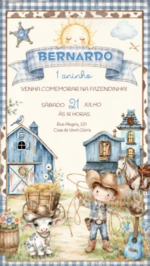 Convite de Aniversário Fazendinha Azul Aquarela para Editar