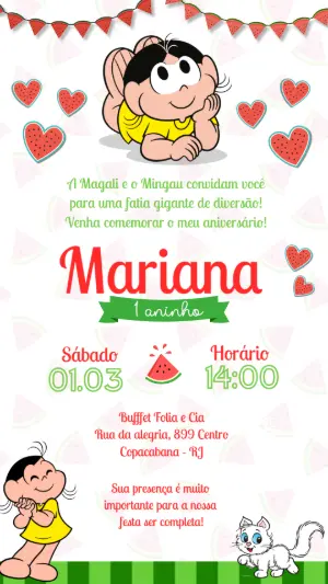 Convite de Aniversário Magali Melancia Modelo Editável