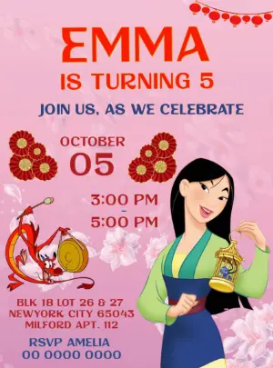 Mulan Birthday Invitation with Mushu to Edit Online