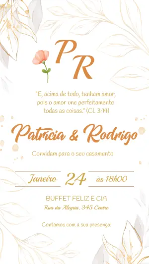 Convite de Casamento Elegante com Floral Dourado Editável