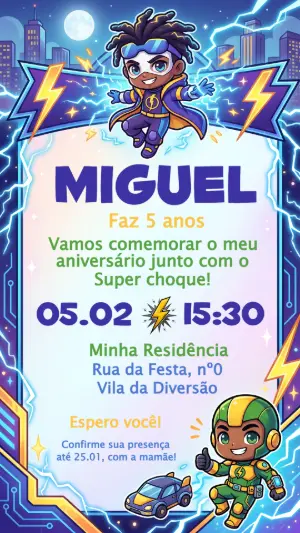 Convite de Aniversário Super Choque Herói Elétrico Editável