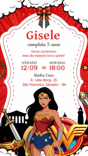 Convite de Aniversário Mulher-Maravilha Editável para Menina