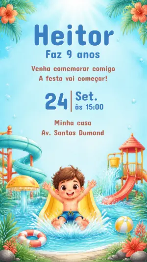 Convite de Aniversário Parque Aquático Menino Editável
