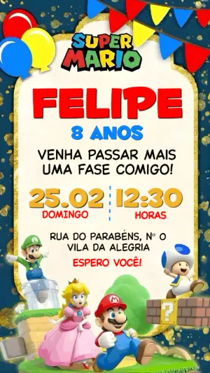 Convite de Aniversário Super Mario Colorido para Editar Online
