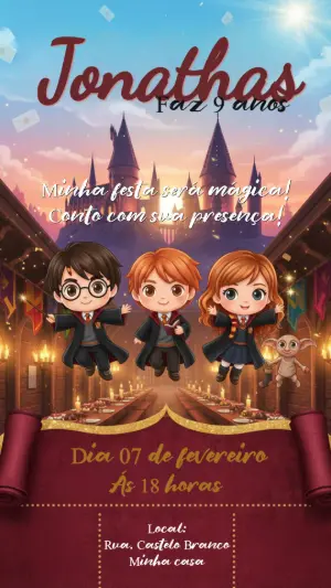 Convite Digital Tema Harry Potter para Aniversário Infantil Editável