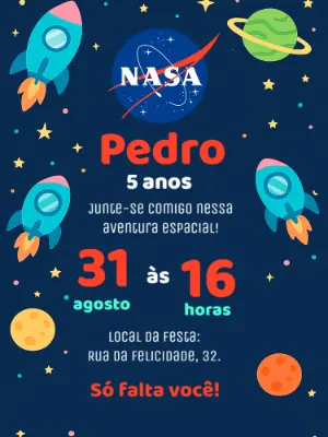 Convite Aniversário Tema Espaço Nasa para Editar Online