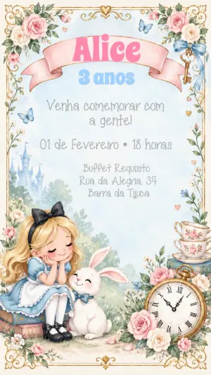 Convite Digital Alice no País das Maravilhas Aquarela Editável