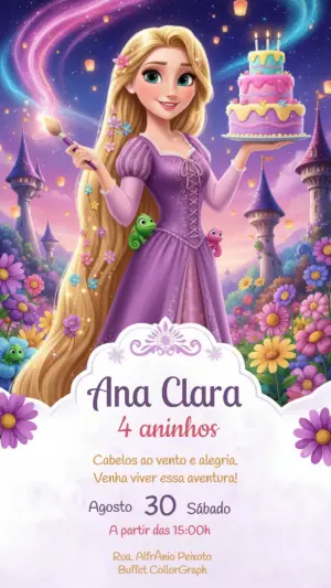 Convite Digital Festa Rapunzel Mágico Editável
