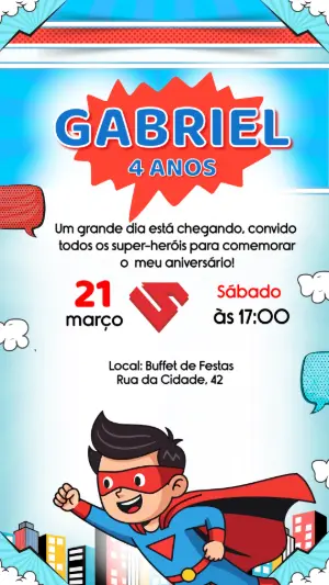Convite de Aniversário Super Herói Quadrinhos para Editar