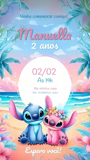 Convite de Aniversário Stitch e Angel para Editar Online