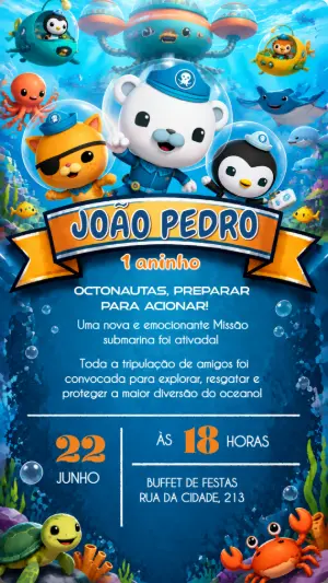 Convite de Aniversário Octonautas Modelo Editável Fundo do Mar