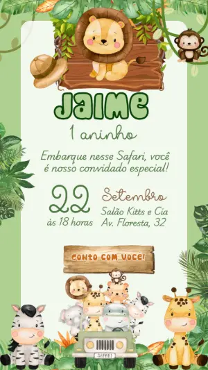 Convite Aniversário Safari com Animais para Editar Online