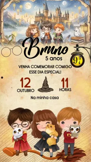 Convite Animado Aniversário Harry Potter Fofo para Editar