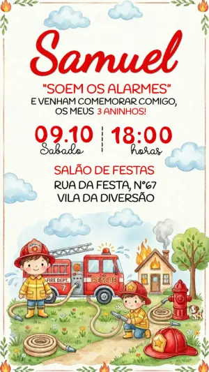 Convite de Aniversário Bombeiro Aquarela para Editar