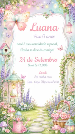 Convite Aniversário Jardim Encantado Borboletas Editável