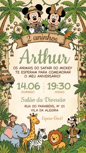Convite de Aniversário Mickey Safari Infantil Editável
