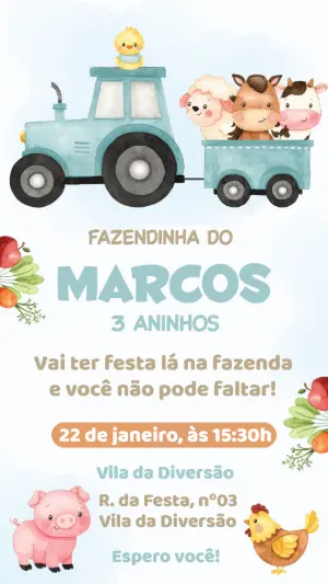 Convite Aniversário Fazendinha Aquarela Menino Editável