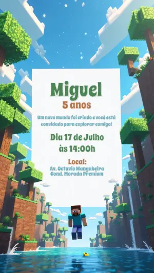 Convite de Aniversário Minecraft com Personagens para Editar Online
