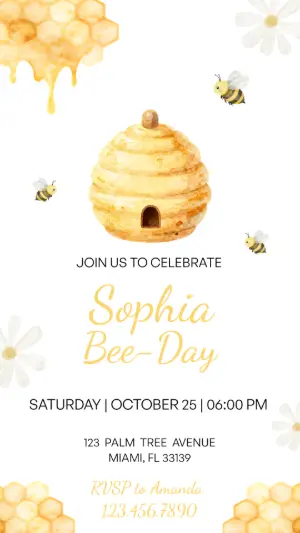 Cute Bee Day Birthday Invitation Editable Template