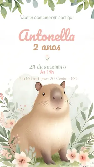 Convite Aniversário Capivara Aquarela para Editar Online