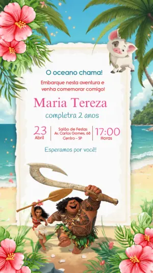 Convite de Aniversário Moana com Personagens para Editar Online