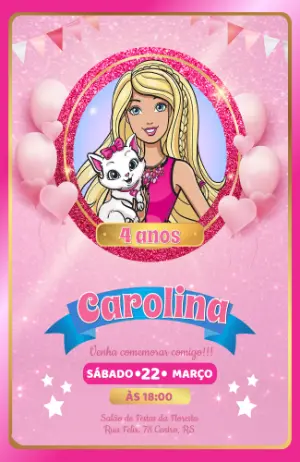 Convite de Aniversário Barbie com Glitter Editável