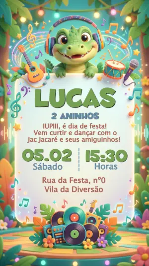 Convite de Aniversário Jacaré Musical Editável