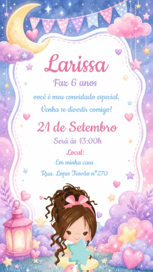 Convite de Aniversário Sonhos e Estrelas Modelo Editável