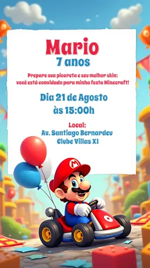 Convite de Aniversário Mario Kart para Editar Online