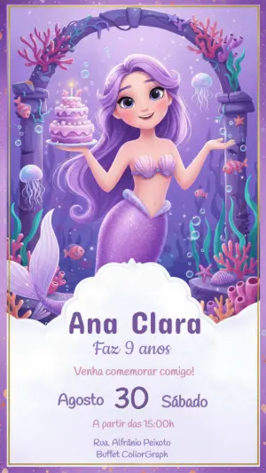 Convite Digital Editável de Aniversário Tema Sereia Lilás