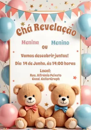 Convite Chá Revelação Ursinhos para Editar Online