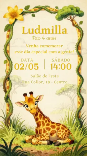 Convite de Aniversário Infantil Girafa Fofa Editável