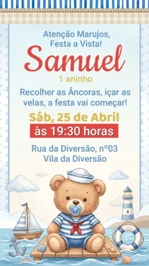 Convite de Aniversário Ursinho Marinheiro Editável