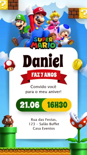 Convite Animado Super Mario: Vídeo de Aniversário para Editar