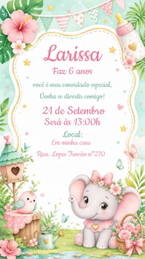 Convite Aniversário Elefantinha Aquarela Editável