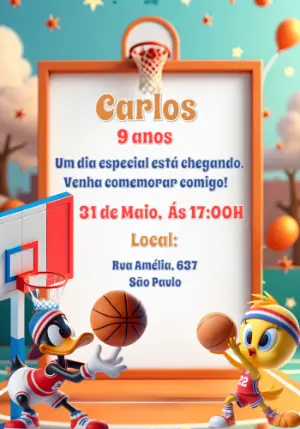Convite Aniversário Looney Tunes Basquete para Editar Online