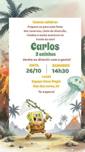 Convite Aniversário Bob Esponja das Cavernas para Editar