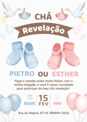 Convite Chá Revelação Cegonha Aquarela Editável