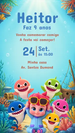 Convite Digital Baby Shark para Aniversário Infantil Editável