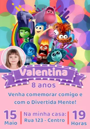 Convite de Aniversário Divertida Mente com Foto Editável