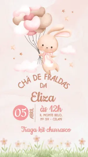 Convite Chá de Fraldas Coelhinha Aquarela Editável