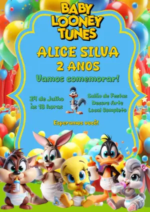 Convite de Aniversário Baby Looney Tunes para Editar Online