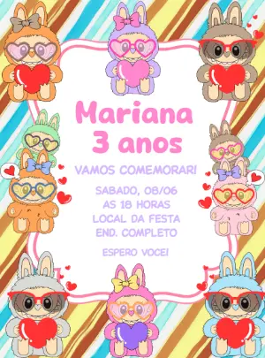 Convite Aniversário Labubu com Bonecos Fofos para Editar Online