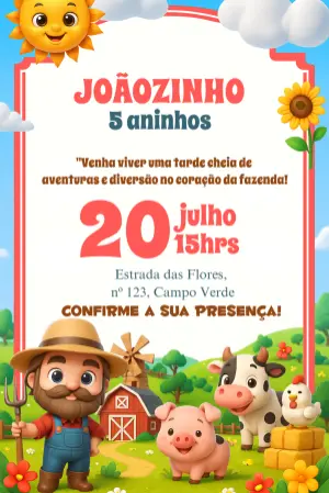 Convite Aniversário Fazendinha com Animais para Editar Online