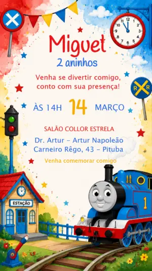Convite de Aniversário Thomas e Amigos Editável e Colorido