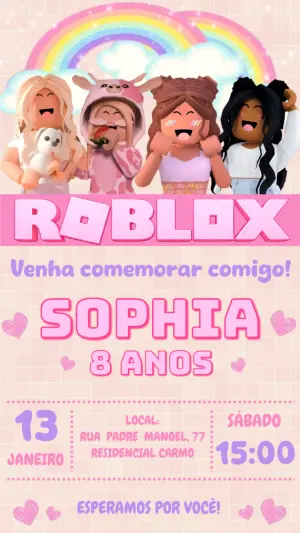 Convite de Aniversário Roblox Menina Rosa para Editar Online