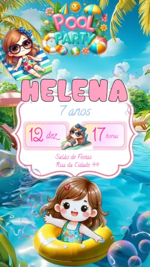 Convite Aniversário Pool Party Menina para Editar Online