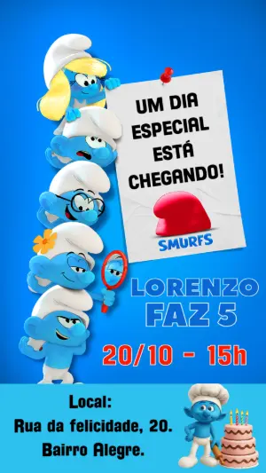 Convite de Aniversário Smurfs com Personagens para Editar Online